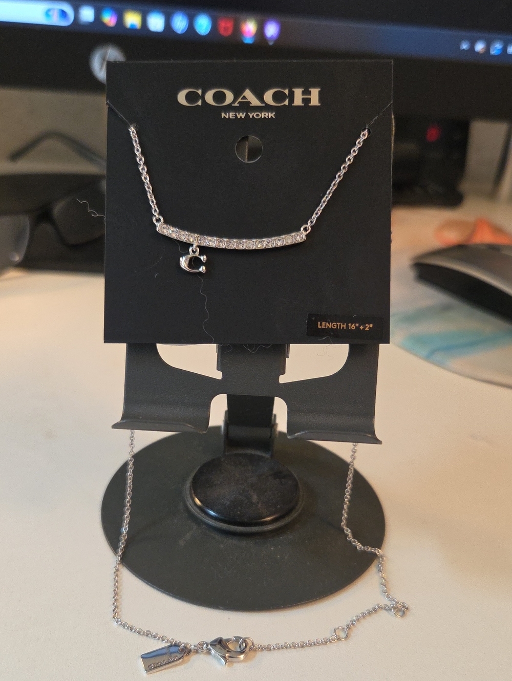COACH Silver Pave Bar Necklace with Signature Charm